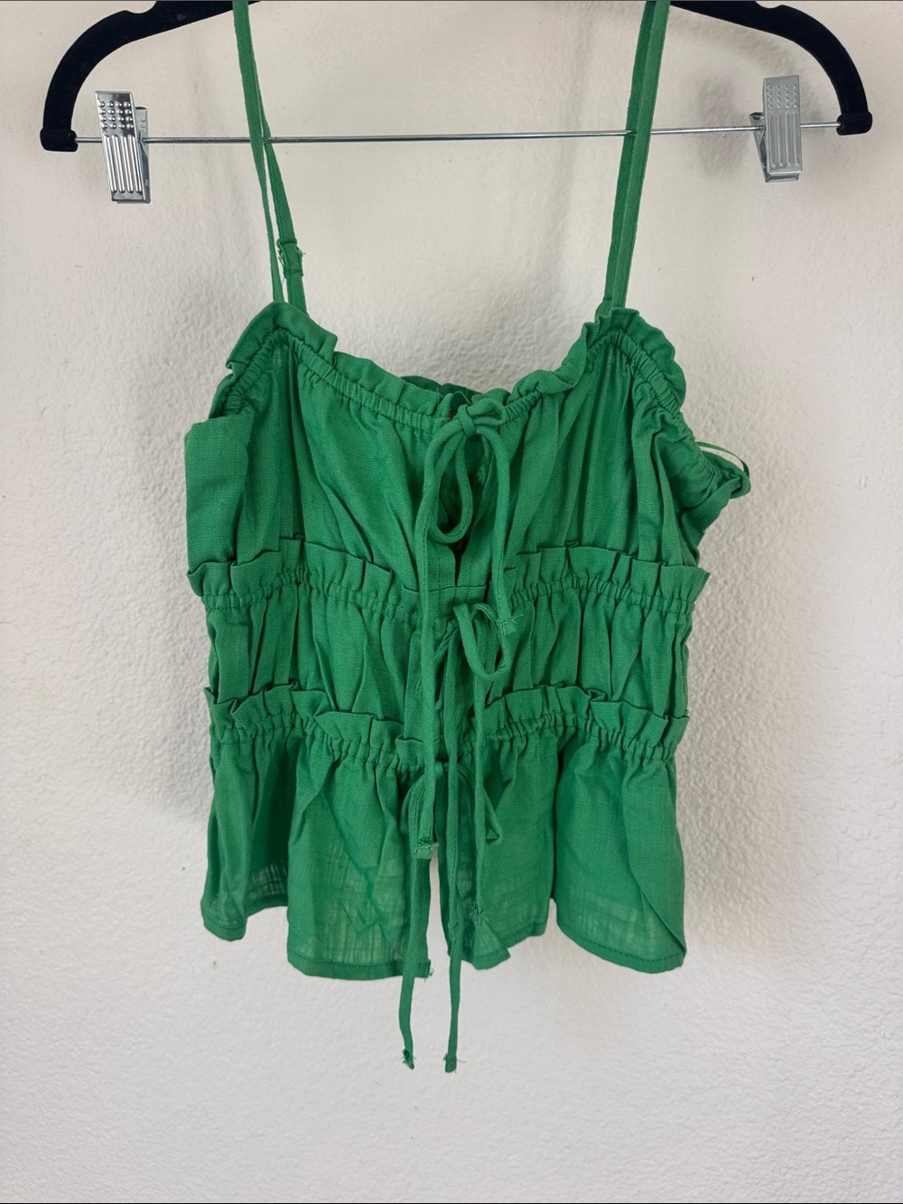 Green Ruched Tie-Front Spaghetti Strap Camisole